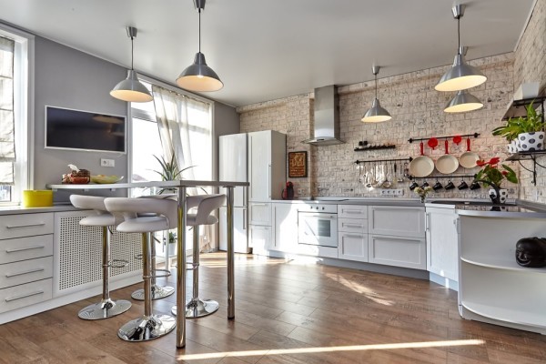 White kitchen with bar stools