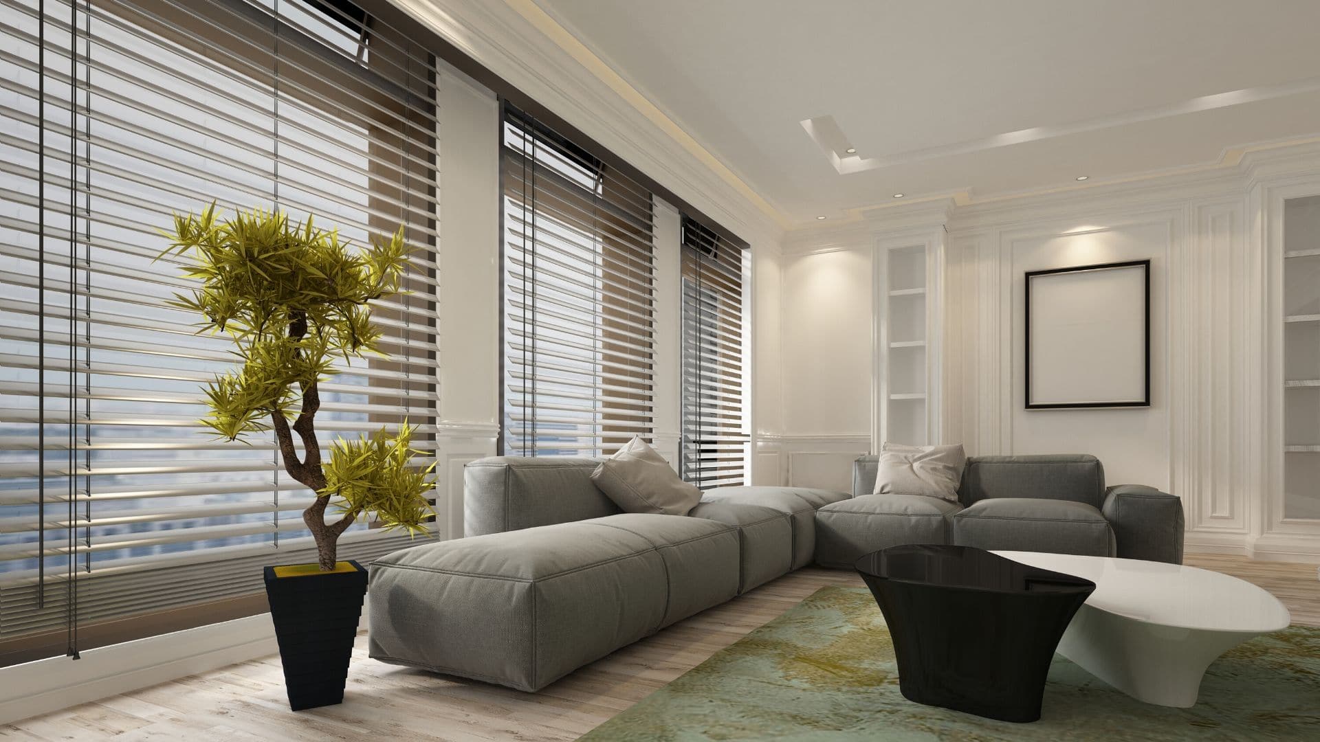 Timber-look venetian blinds across a wall of windows in a lounge room