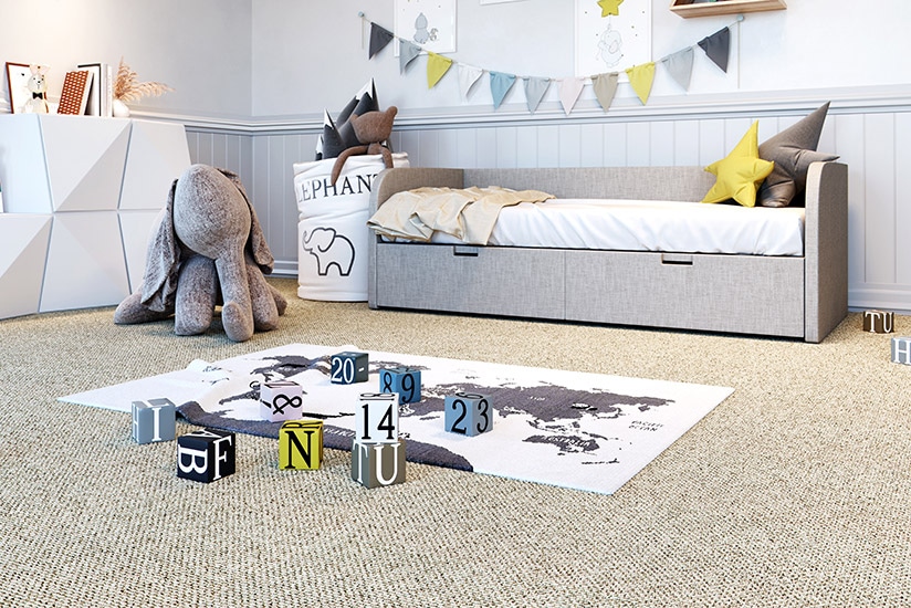 Children's playroom with beige carpet