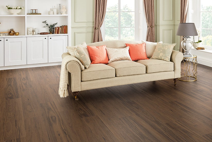 Formal lounge room with rich brown timber-look vinyl plank flooring