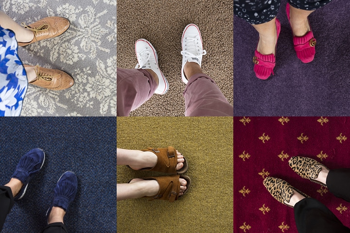 Collage of aerial shots of feet standing on different styles of carpet