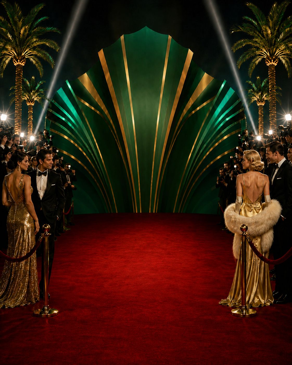 Art deco red carpet at night, with a green and gold fan backdrop, palm trees, spotlights and guests in evening dress