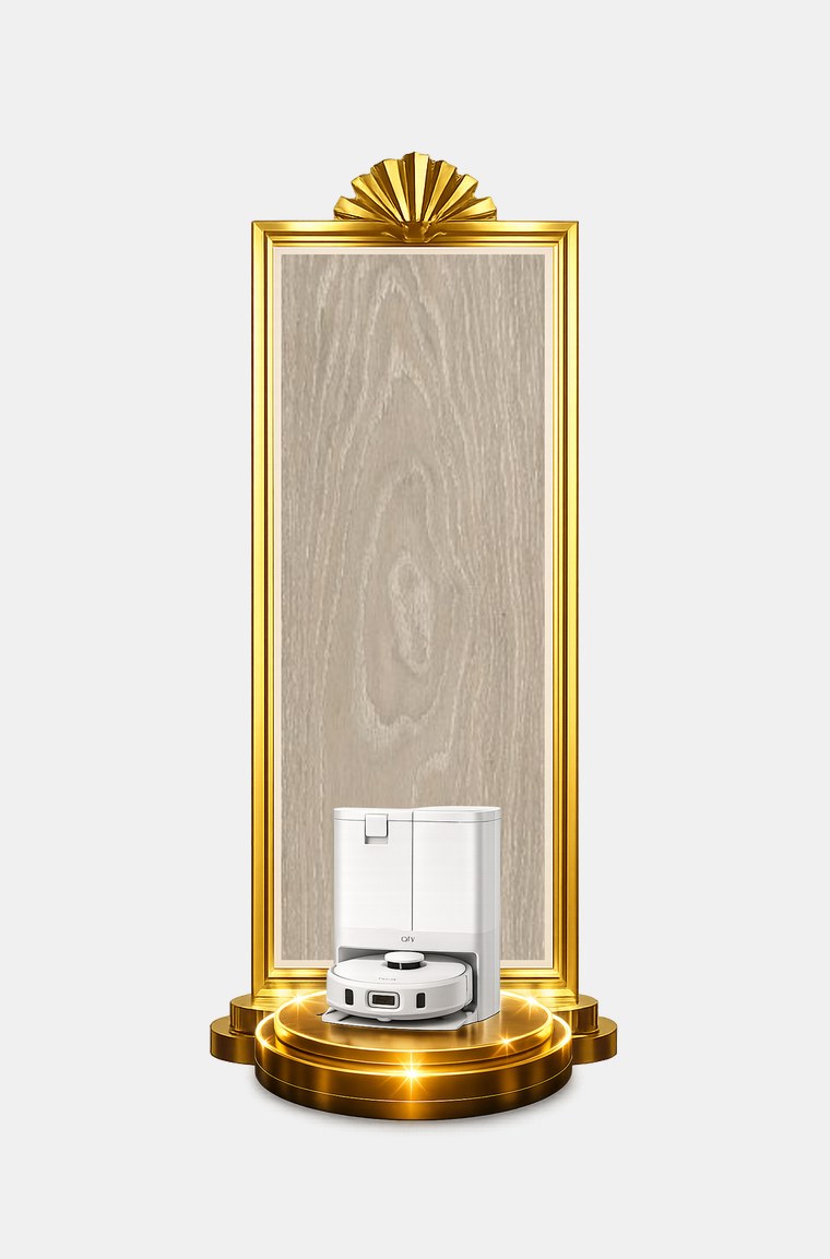 The prize, a robot vacuum on a gold podium, displayed on an art deco pedestal holding a Nova vinyl plank in Monroe