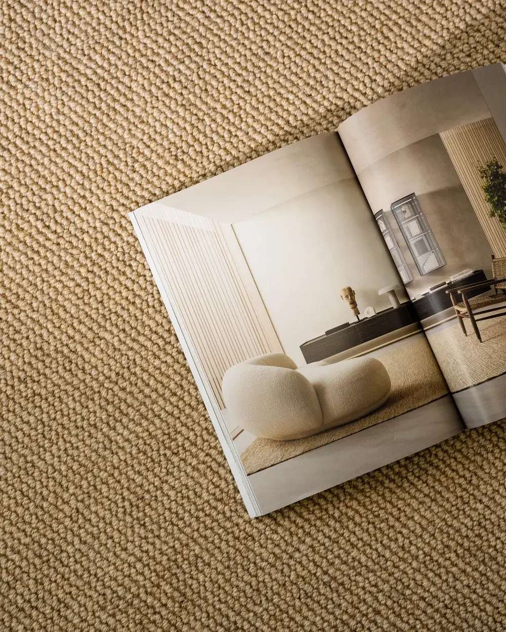 Carpet lookbook resting on a textured natural carpet