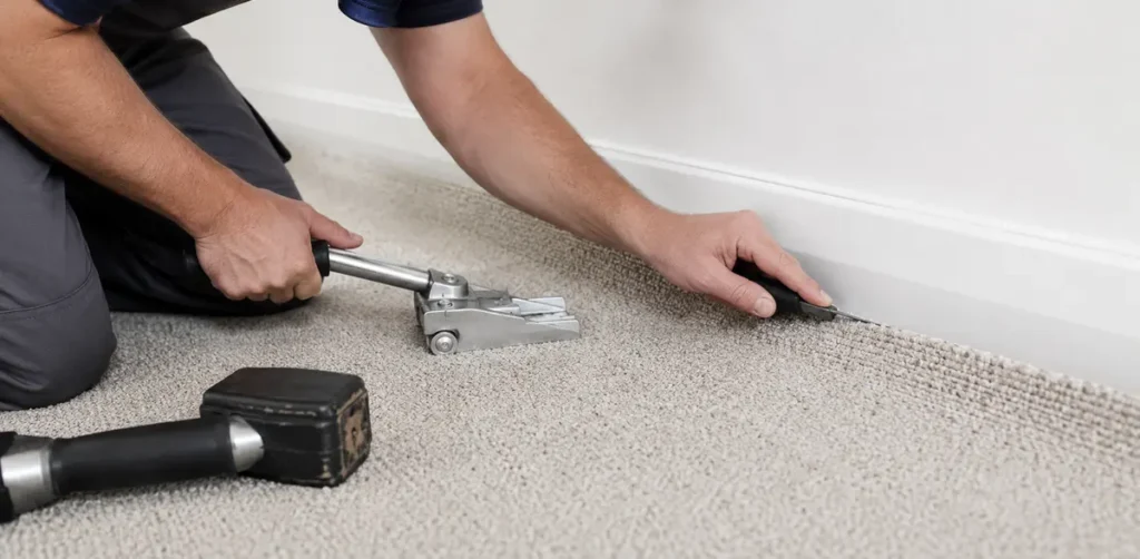 An installer trimming new carpet into the edge of a room