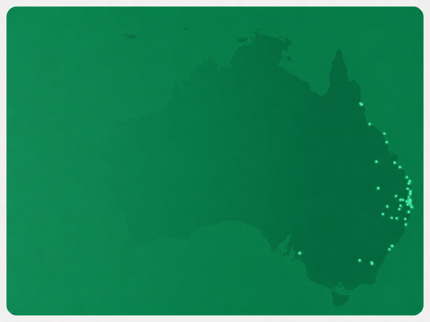 A map of Australia with a marker for each Andersens store, concentrated along the east coast