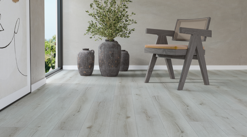 Pale hybrid plank flooring in a styled living room