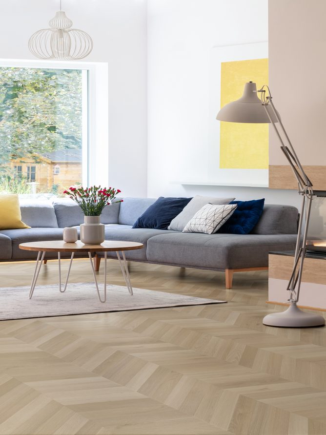Hybrid flooring in a living room