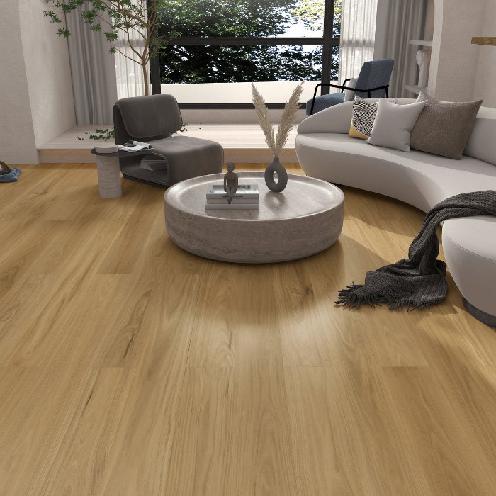 A light timber-look plank floor in a living room with a curved pale sofa