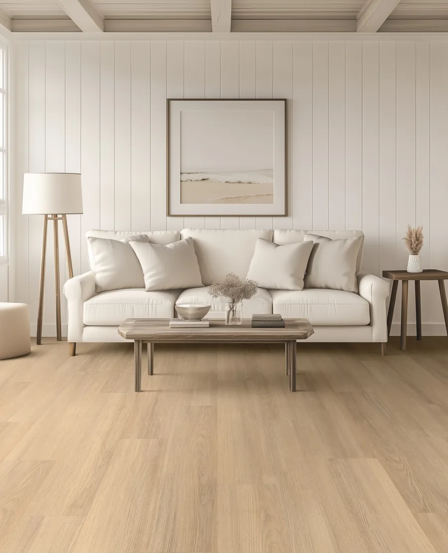 Pale timber-look vinyl plank flooring in a bright living room