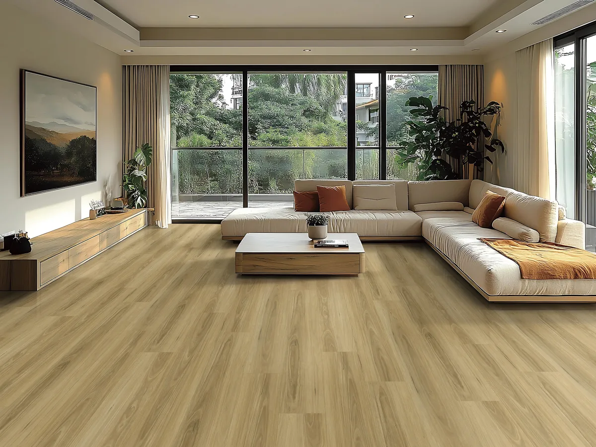 Timber-look vinyl planks in an open living room with garden views