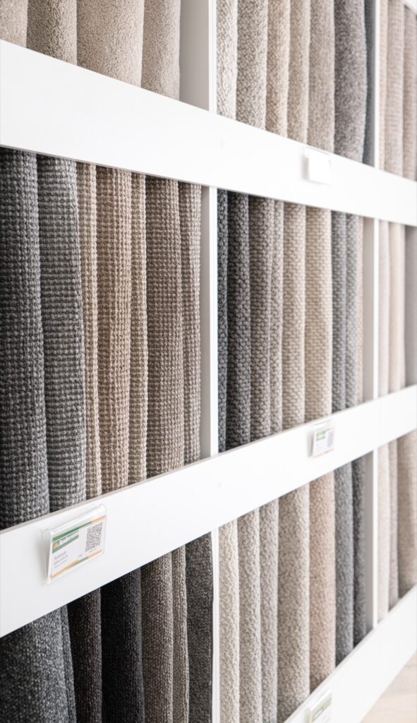 A wall of carpet samples on display racks in an Andersens showroom