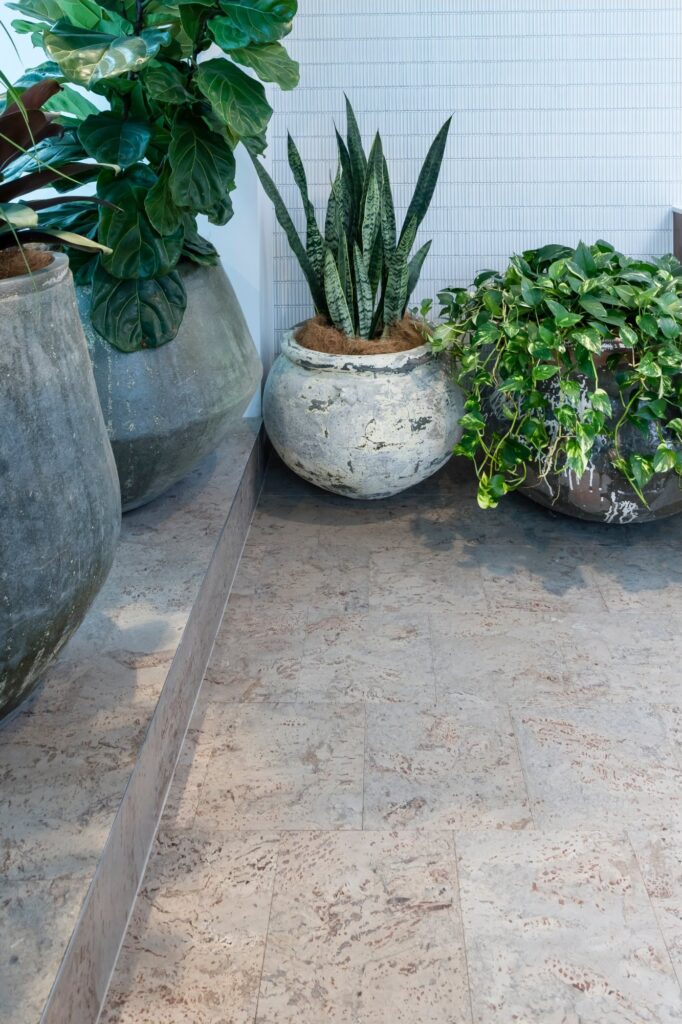 A cork floor running to a wall with potted plants along the edge