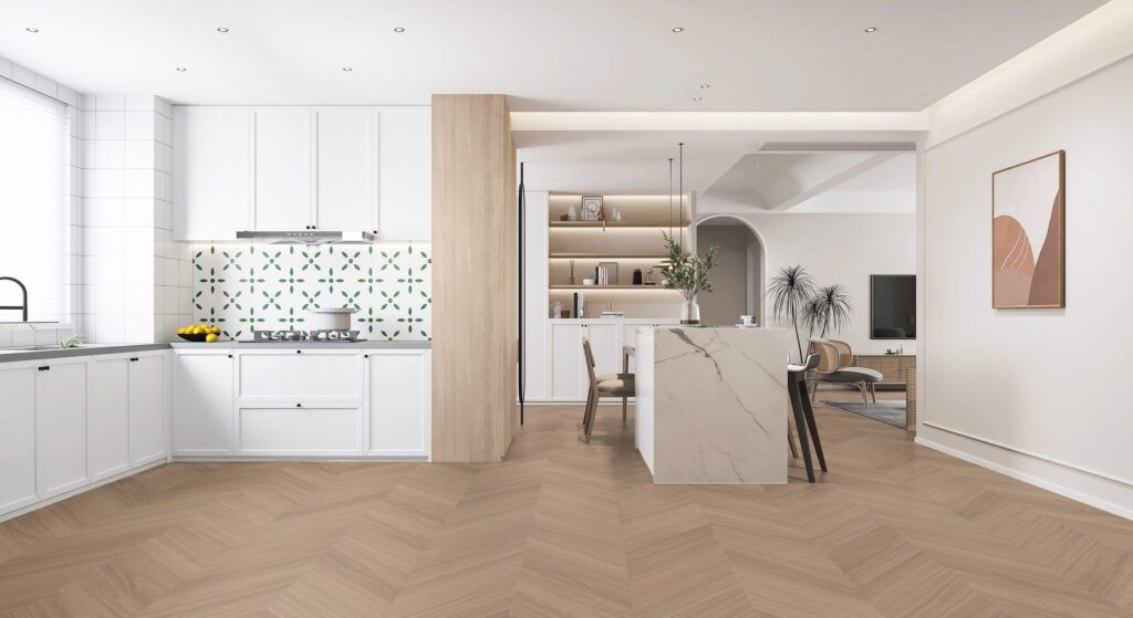 A herringbone timber-look floor running from a kitchen through to a dining and living area
