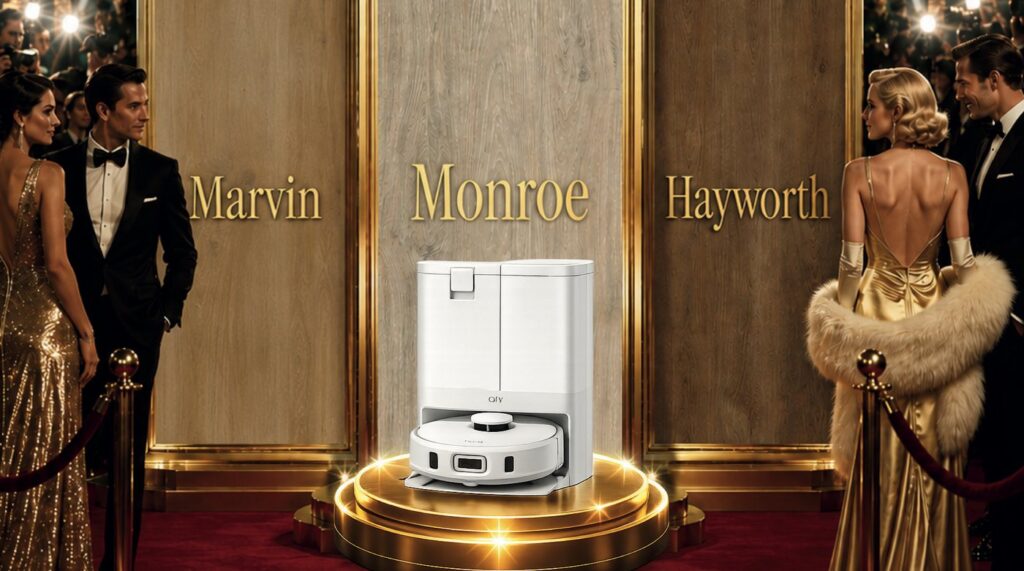 Nova vinyl plank Floors of Fame promotion: a robot vacuum on a gold podium on a red carpet, with the Nova colours Marvin, Monroe and Hayworth behind it