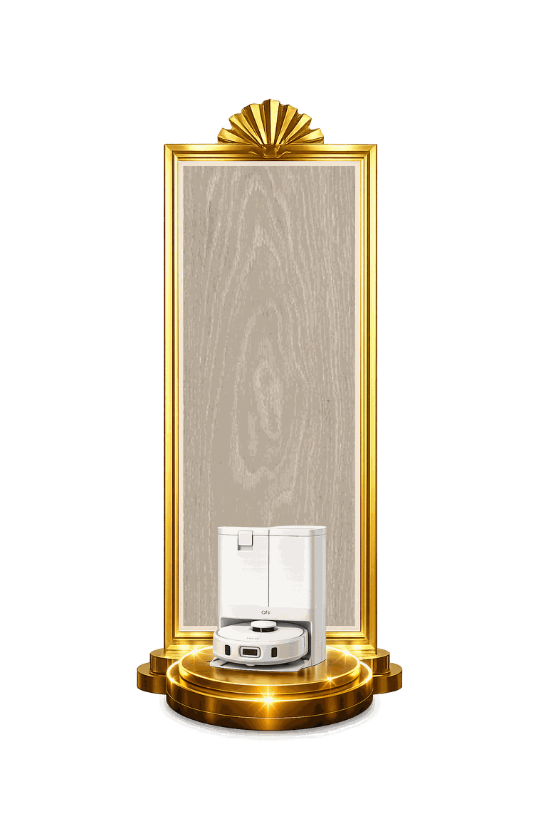 The prize, a robot vacuum on an art deco pedestal